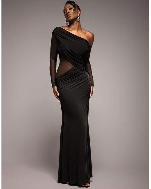Goddiva Gray Gathered Cowl Asymmetric Mesh And Soft Touch Maxi Dress
