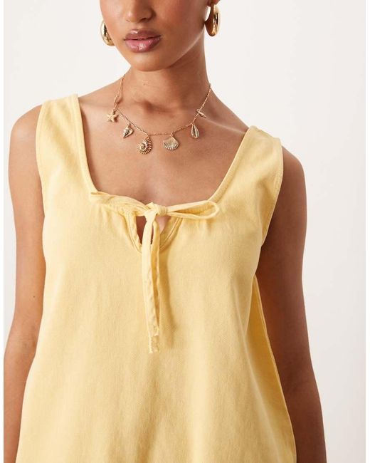 ASOS Natural Denim Scoop Mini Dress With Bow Front