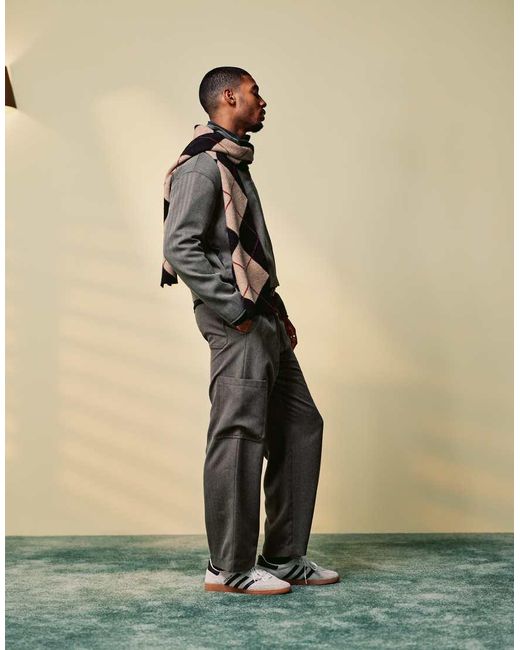 ASOS Nette Wijde Cargobroek Met Visgraatmotief En Elastische Taille in het Natural voor heren