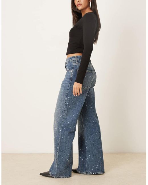 Mango Blue Caribe 100% Cotton Embellished Wide Leg Jean
