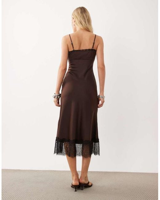 New Look Natural Lace Trim Strappy Satin Midi Dress