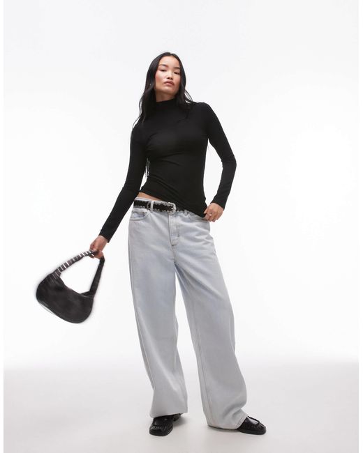 Top côtelé à manches longues et col cheminée TOPSHOP en coloris Black