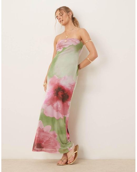 Vestido Midi Con Escote Palabra De Honor Y Estampado Floral Difuminado De Malla De ASOS de color Multicolor