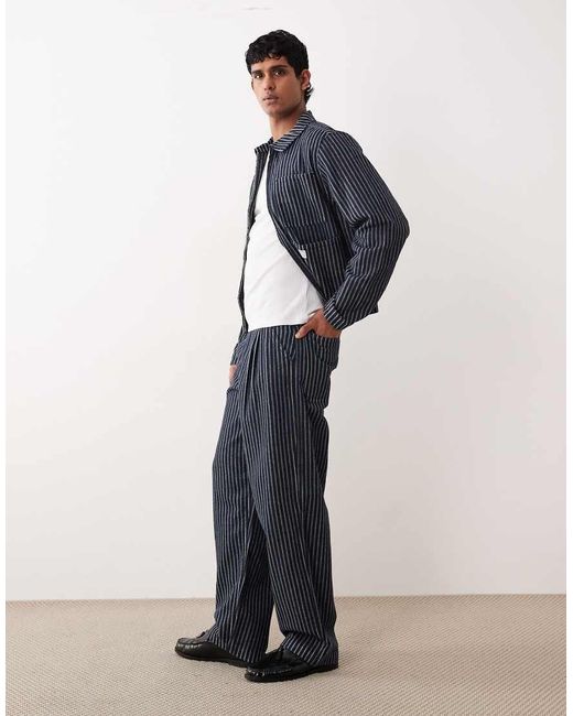 ASOS Blue Loose Straight Leg Pinstripe Jeans With Pleats for men