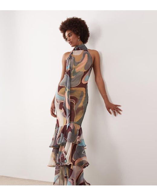 ASOS Multicolor Asos Design Tall Halter Neck Scarf Detail Racer Chiffon Godet Maxi Dress