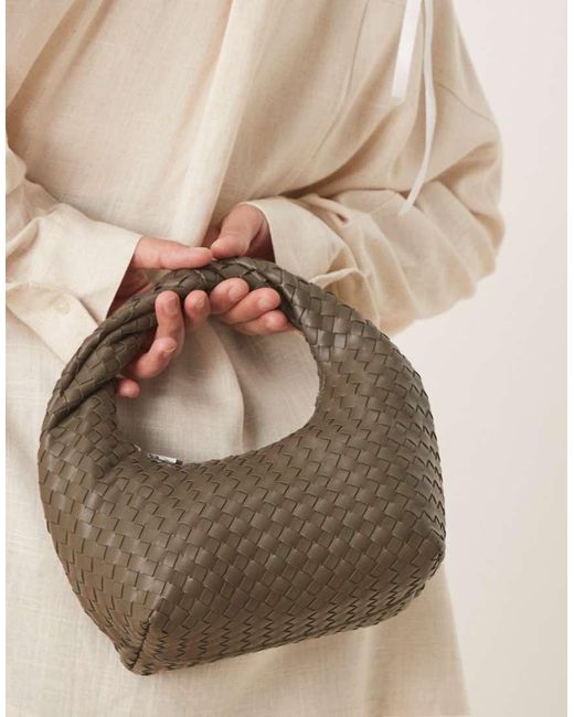 Gina Tricot Brown Braided Weave Small Tote Handbag With Twisted Handle