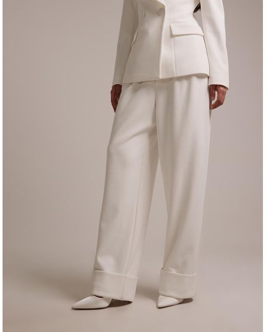 Wanderdoll Natural Charlotte Bridal Turned Up Tailored Wide Leg Trousers Co-ord