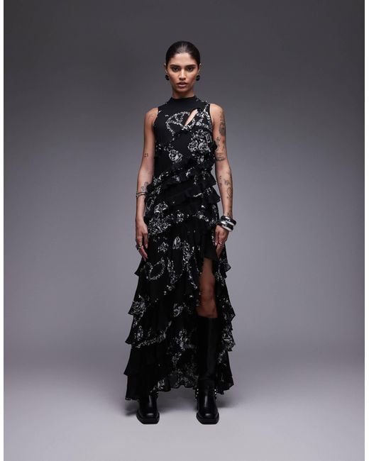 Robe imprimée à volants en cady AllSaints en coloris Black