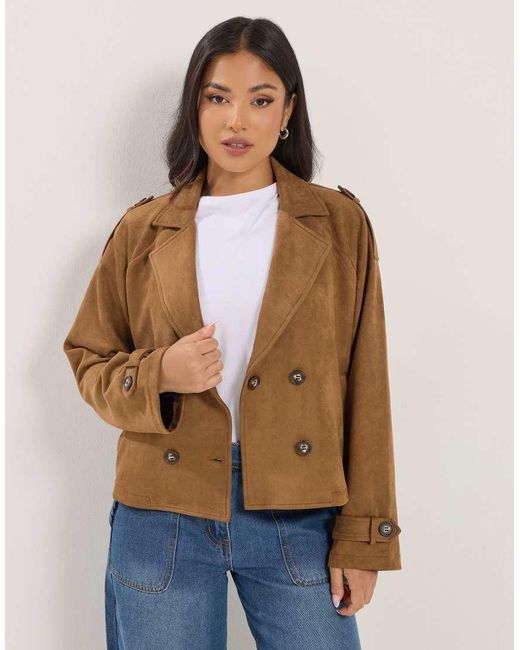 PixieGirl Blue Petite Faux Suede Cropped Trench Coat