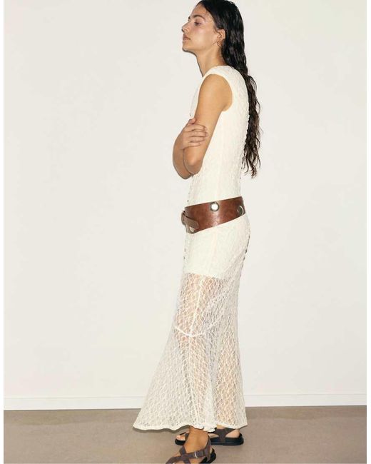 Pull&Bear Natural Fitted Lace Midi Dress