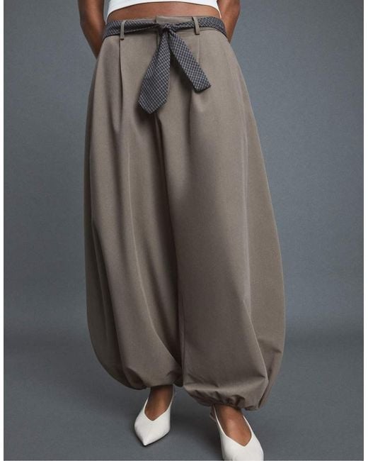 Stradivarius Gray Voluminous Sarouel Trousers With Tie Belt