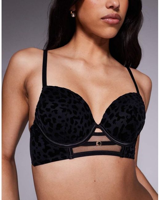 New Look Black Leopard Flocked Longline Bra