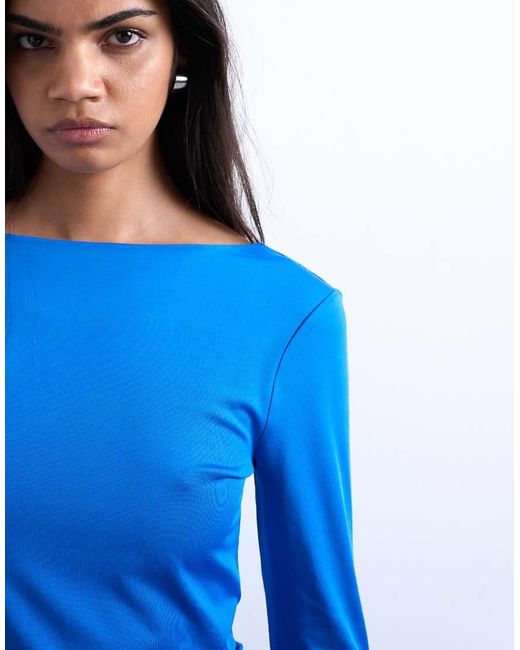 TOPSHOP Top Van Gladde Stof Met Lage Ronde Achterkant En Lange Mouwen in het Blue