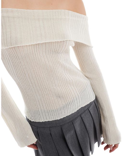 Stradivarius White Str Light Knit Off Shoulder Top