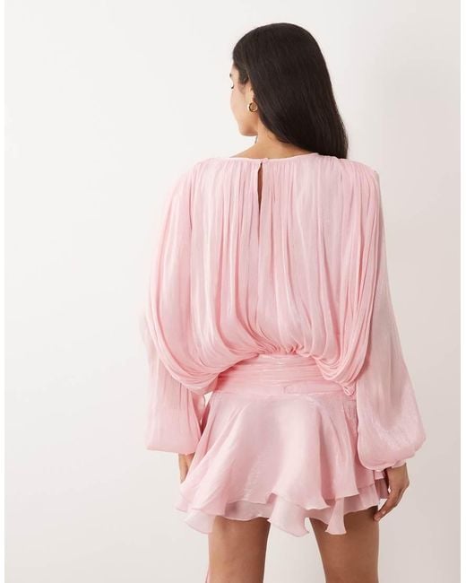 Lioness Pink Elements High Sheen Chiffon Drape Detail Balloon Sleeve Tie Waist Mini Dress