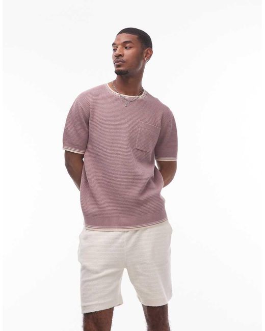 Topman Purple Ottoman Knit T-shirt With Piped Collar And Hem for men
