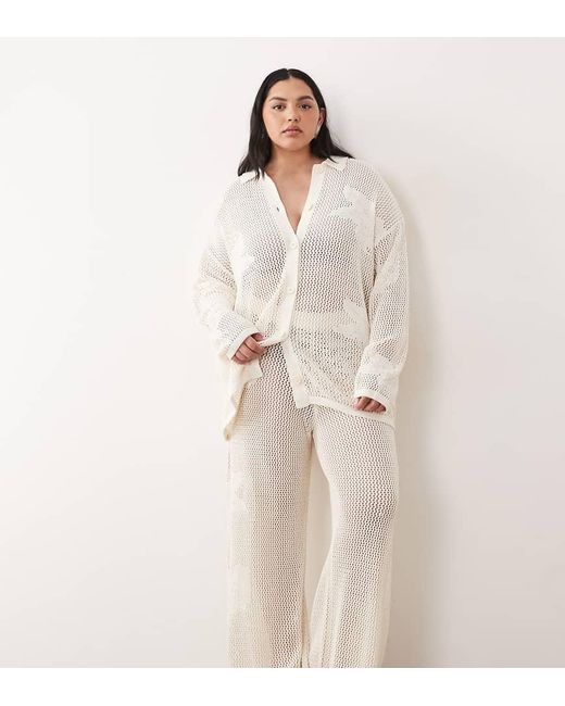 Pretty Lavish Curve Natural Open Knit Oversize Floral Trouser Co-Ord