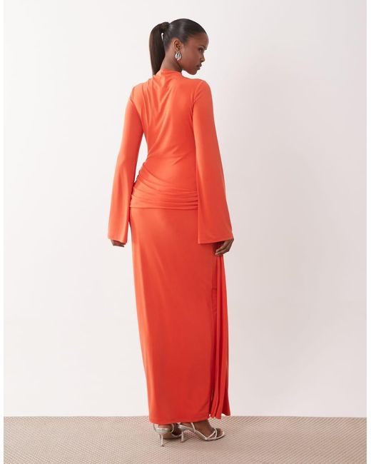 DASKA Red Slinky Long Sleeve High Neck Twist Drape Detail Maxi Dress