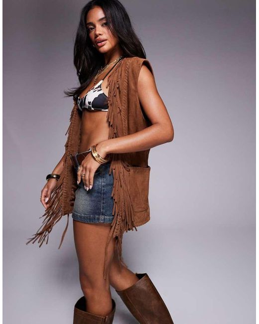 ASOS Blue Premium Suede Fringe Gilet