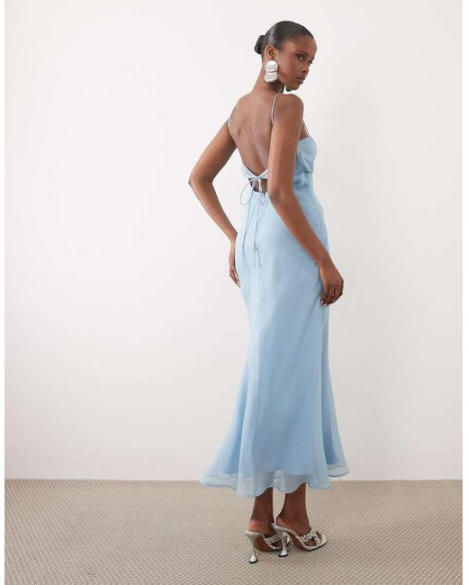 ASOS Blue Bias Cut Sheer Chiffon Cami Maxi Dress With Satin Bust And Lace Panel