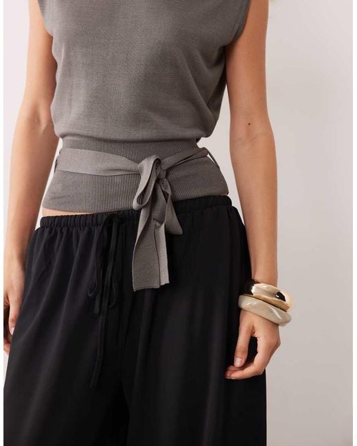 Mango Gray Sleeveless Tie Waist Knit Top