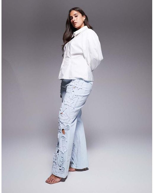 ASOS Blue Curve Denim Pearl Embellished Cornellli Jeans With Organza Flowers