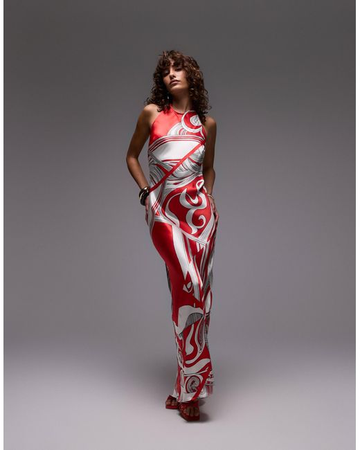 Robe longue à encolure américaine avec imprimé boutique TOPSHOP en coloris Red