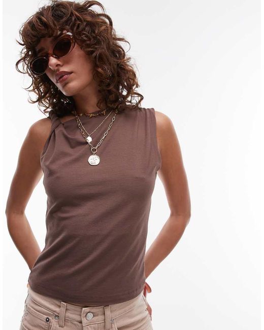 TOPSHOP Brown Jersey Twist Strap Slinky Top