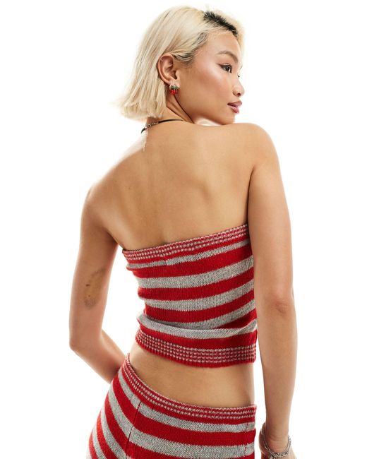 Motel Red Bold Stripe Knitted Bandeau Top