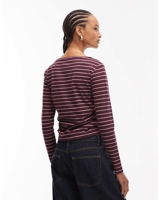 Reclaimed Vintage Purple Slash Neck Cinched Waist Long Sleeve T-shirt With Ruching Detail