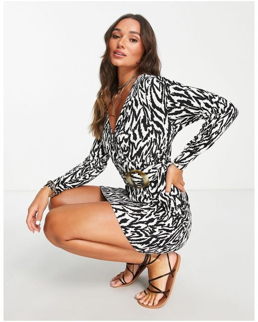 ASOS Textured Long Sleeve Wrap Mini Dress With Tortoiseshell Belt Lyst UK