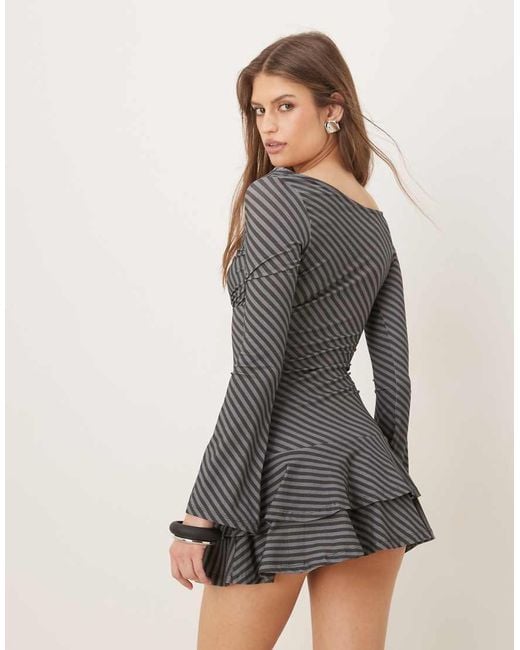 Motel Natural Hongsai Oblique Off Shoulder Long Sleeve Stripe Mini Dress