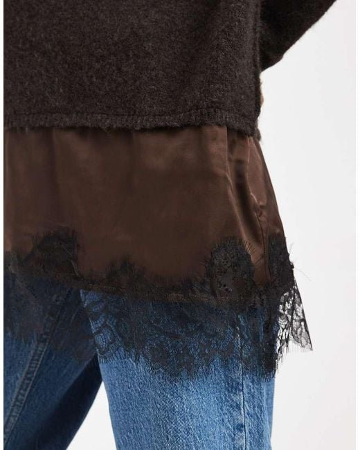 Miss Selfridge Black Fluffy Asym Jumper With Contrast Satin Lace Hem