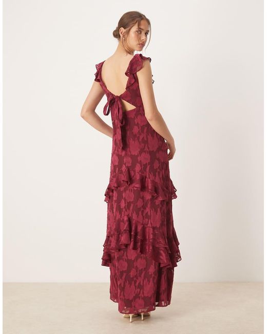 ANAYA Red Floral Burnout Ruffle Maxi Dress