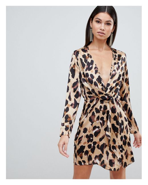 Club L London Multicolor Club L Long Sleeve Twist Front Leopard Print Dress