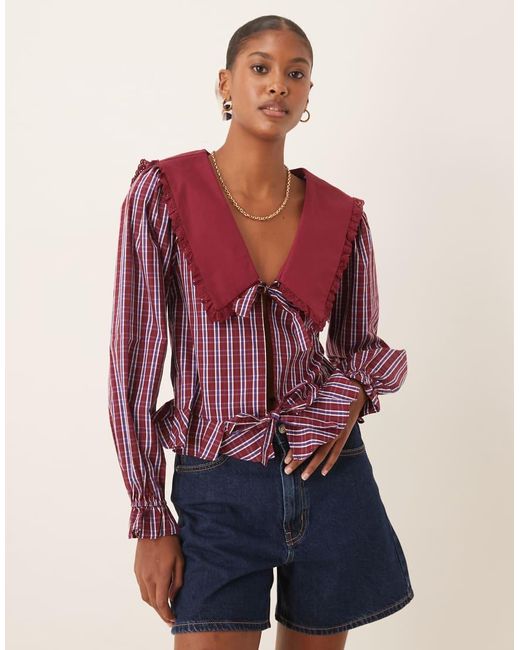Glamorous Red Tie Front exaggerated Collar Blouse