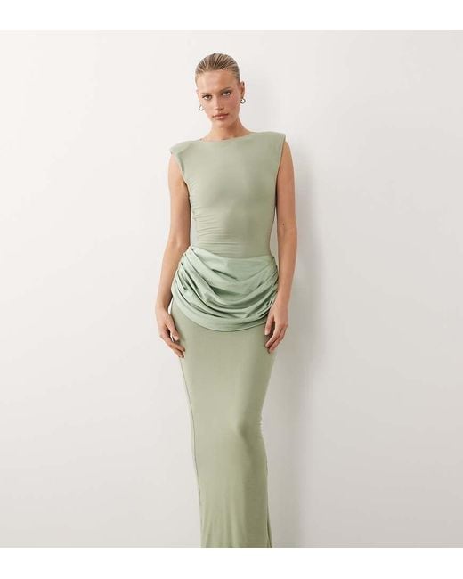 Wanderdoll Green Eman Sleeveless Slash Neck Satin Drape Waist Detail Bodycon Maxi Dress