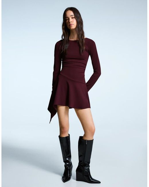 Bershka Red Asymmetric Flounce Long Sleeve Mini Dress