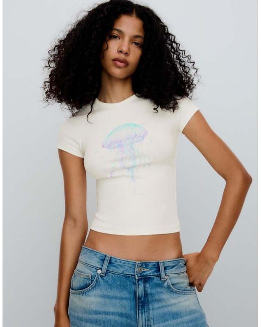 Bershka White Short Sleeve Sequin Print T-shirt