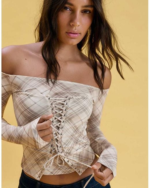 Bershka Blue Long Sleeve Corset Lace-Up T-Shirt
