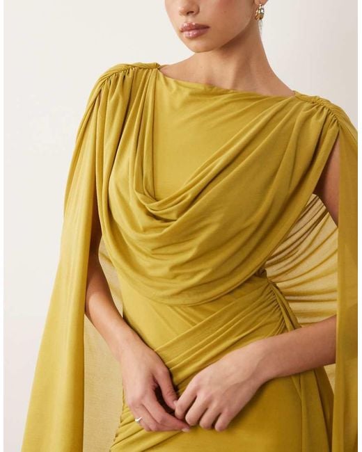 ASOS Yellow Stretch Chiffon Cape Detail Cowl Maxi Dress With Sash Detail