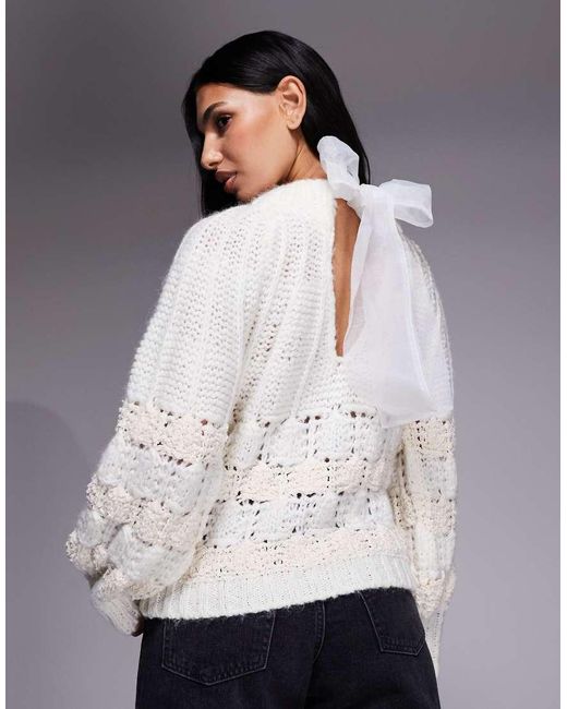 River Island Gray Pointelle Bow Back Jumper