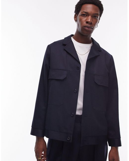 Topman Blue Smart Harrington Wool Mix Suit Jacket for men
