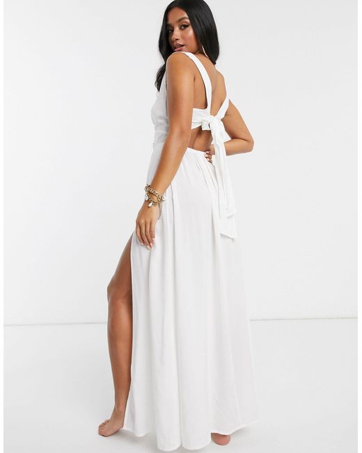 ASOS Asos Design Petite Tie Back Beach Maxi Dress With Twist Front Detail  in White | Lyst