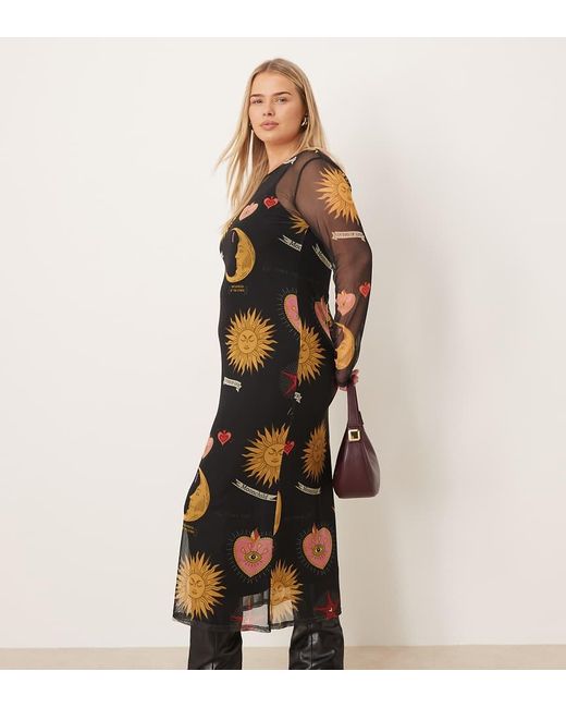 Never Fully Dressed Black Mystical Print Mesh Maxi Dress
