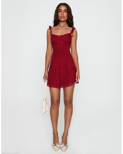 Princess Polly Red Beacall Lace Frill Strap Mini Skater Dress