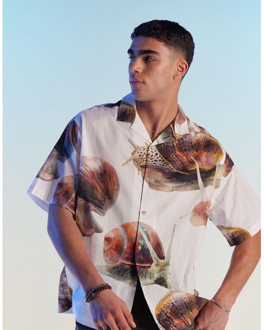 Camicia oversize con stampa di lumache e rever di ASOS in White da Uomo