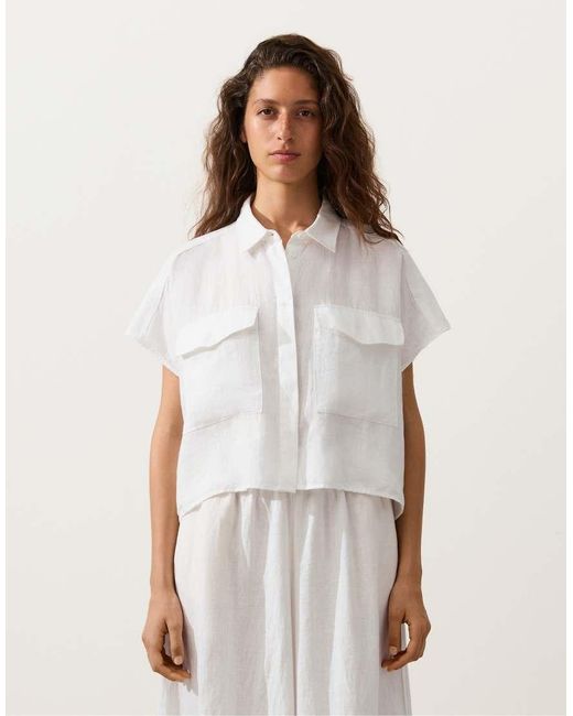 Oysho Natural 100% Linen Collared Shirt With Pockets