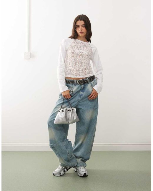 Collusion White Mixed Texture Lace Raglan T-Shirt