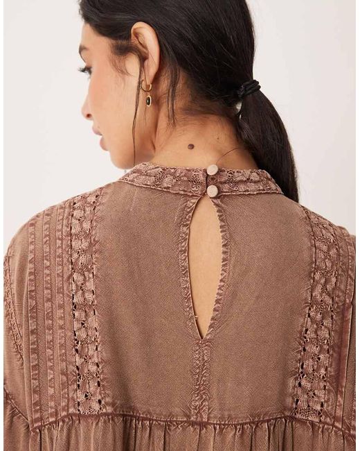 ASOS Brown High Neck Smock Mini Dress With Lace Trims